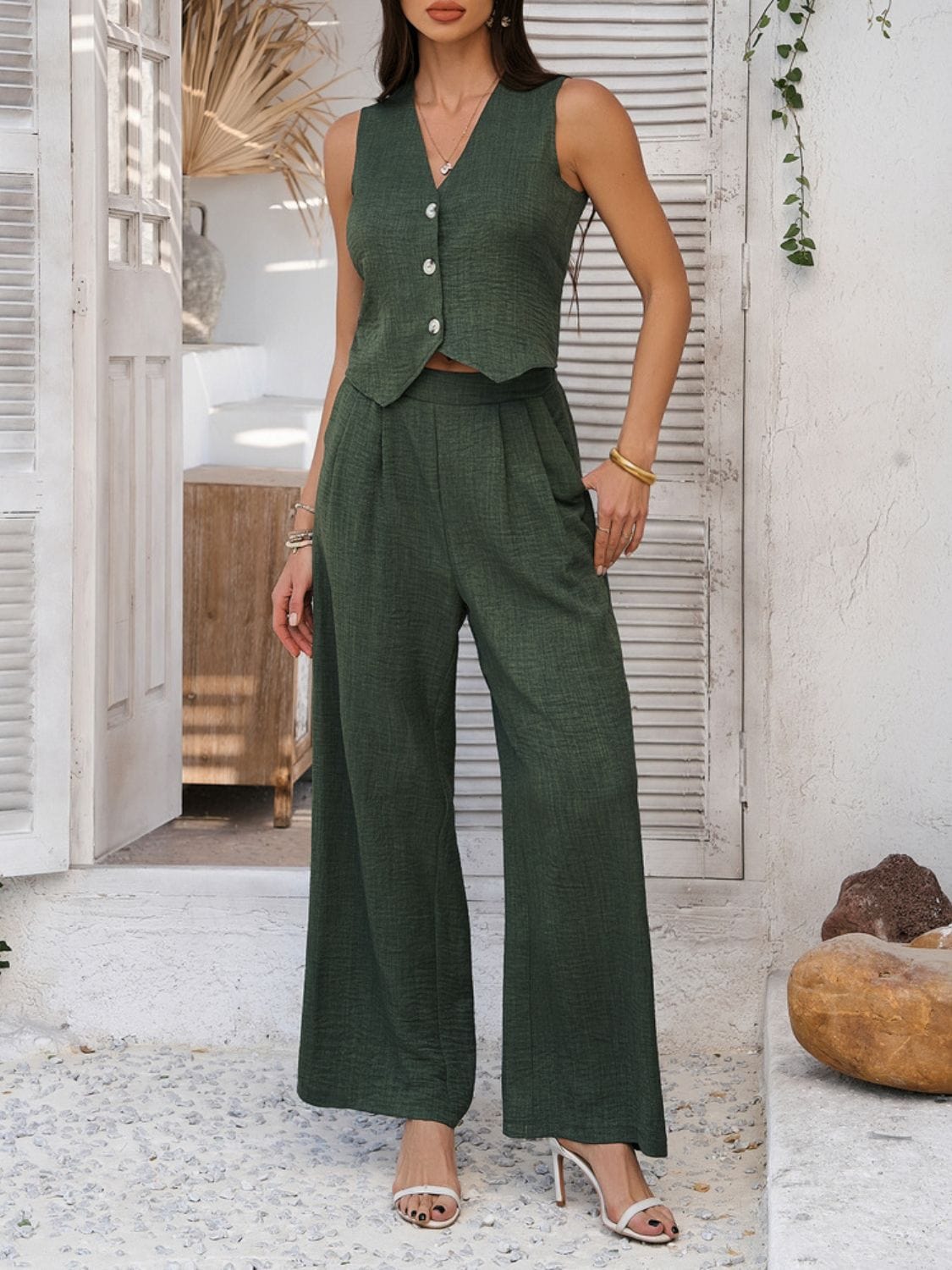 Devine Button Down Vest and Wide Leg Pants Set - Drazelle Store