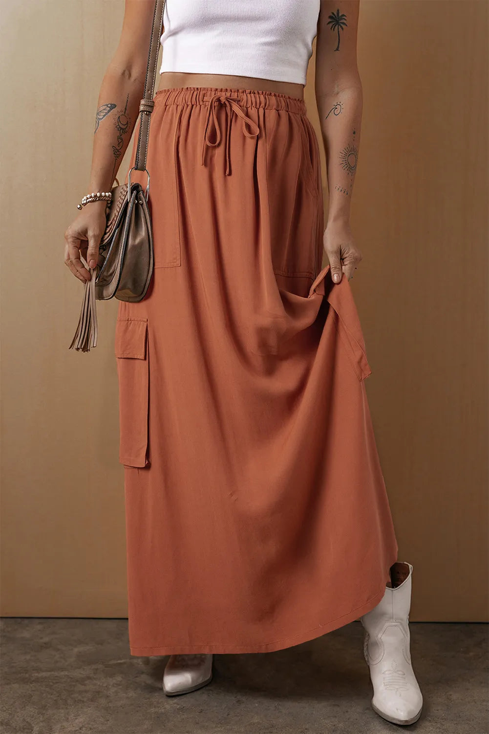 Drawstring Maxi Skirt with Pockets - Drazelle Store