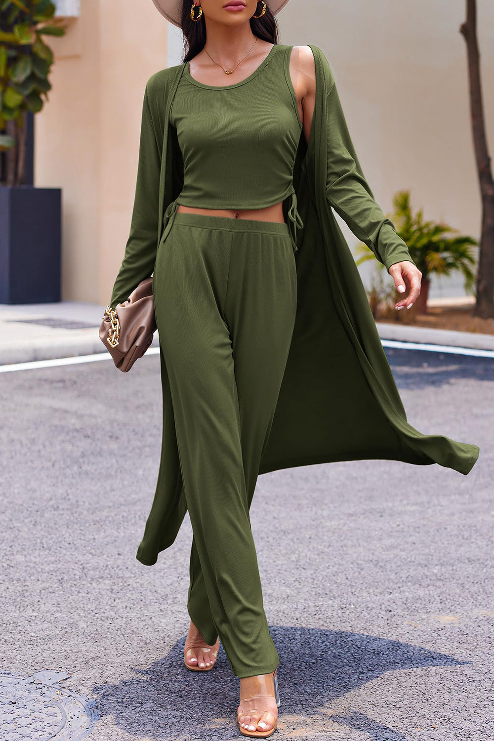 Drawstring Tank Long Sleeve Cover Up and Pants Set - Drazelle Store