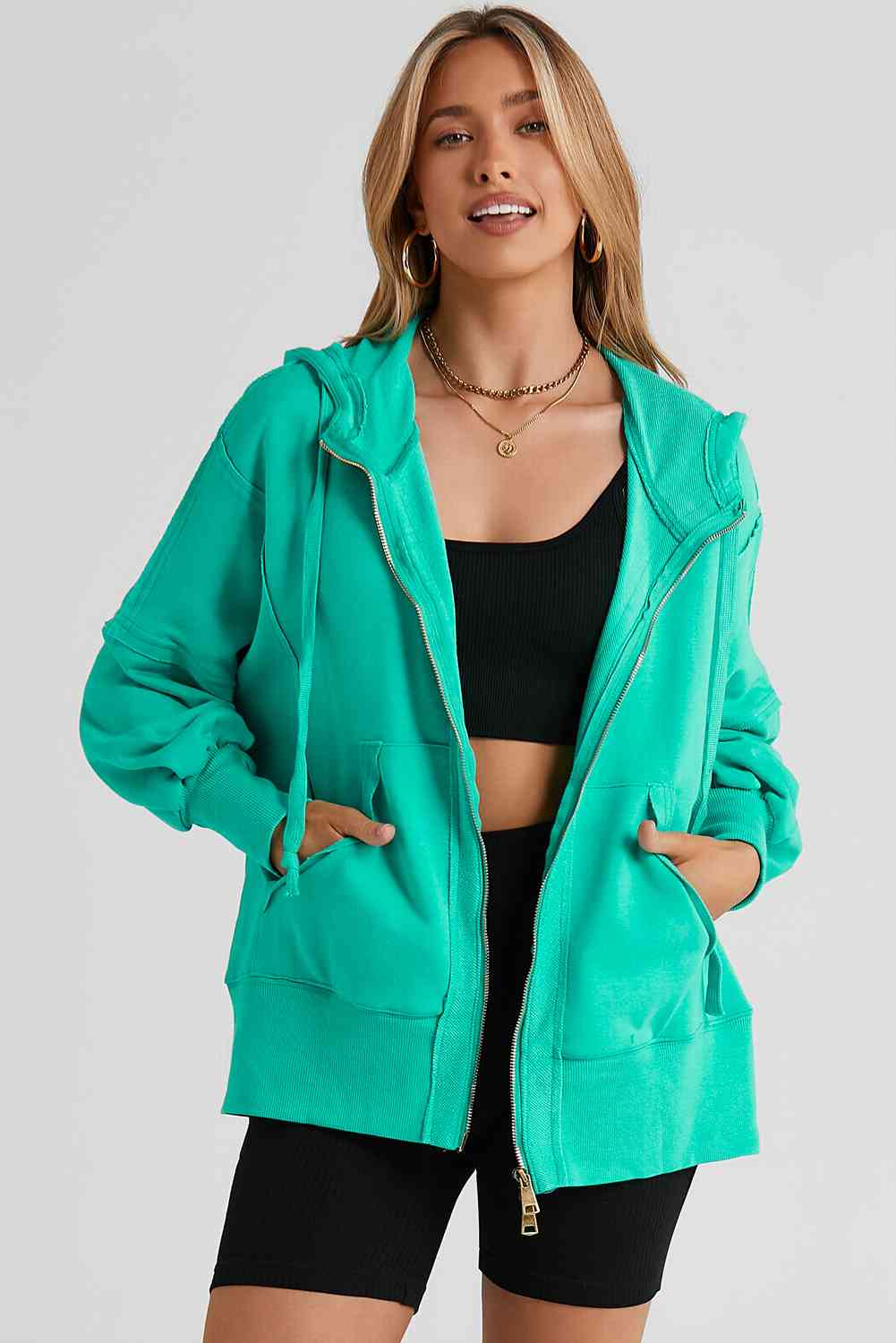 Zip Up Long Sleeve Drawstring Hoodie - Drazelle Store