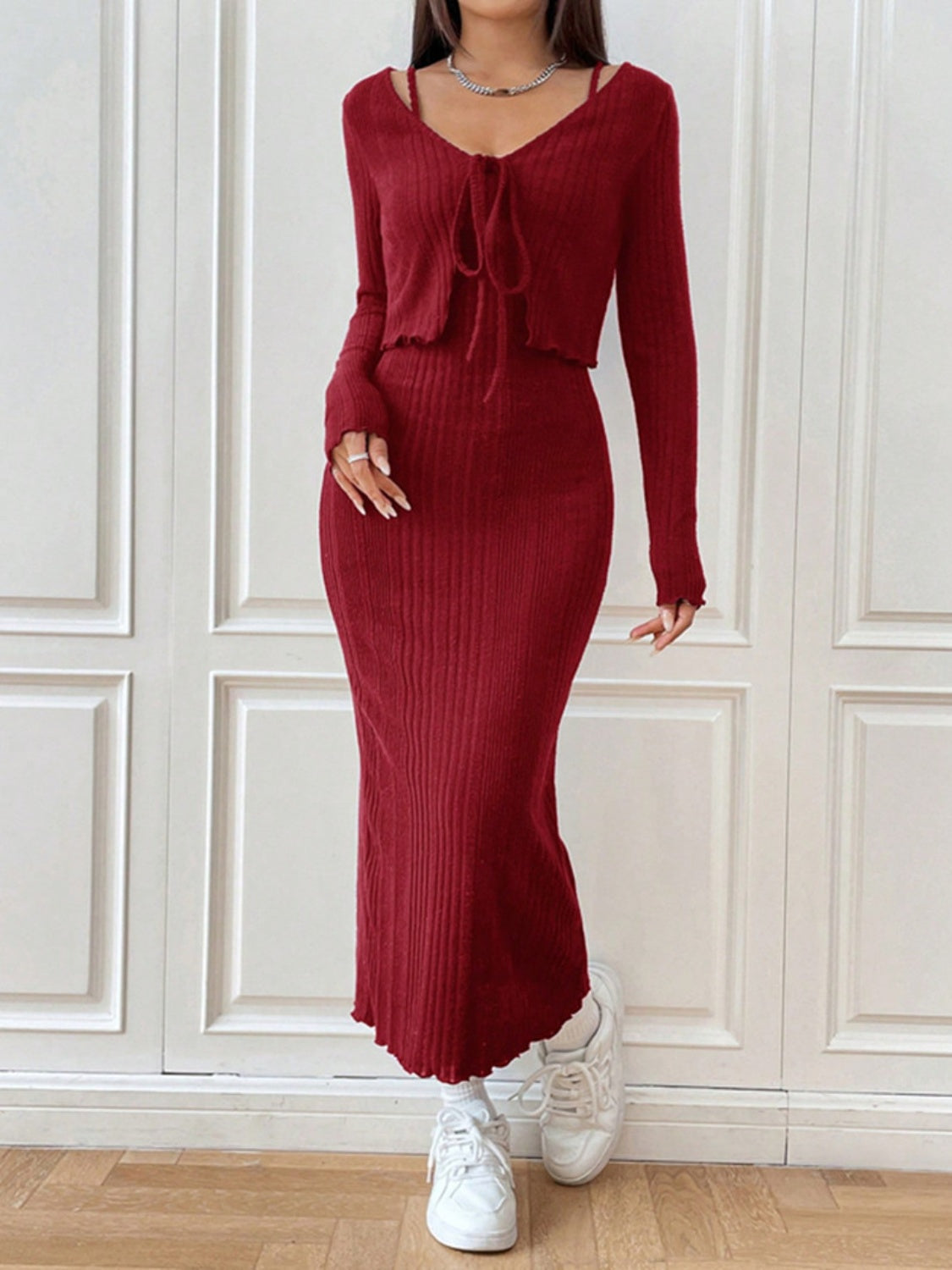 Cami Dress and Tied Long Sleeve Cardigan Set - Drazelle Store