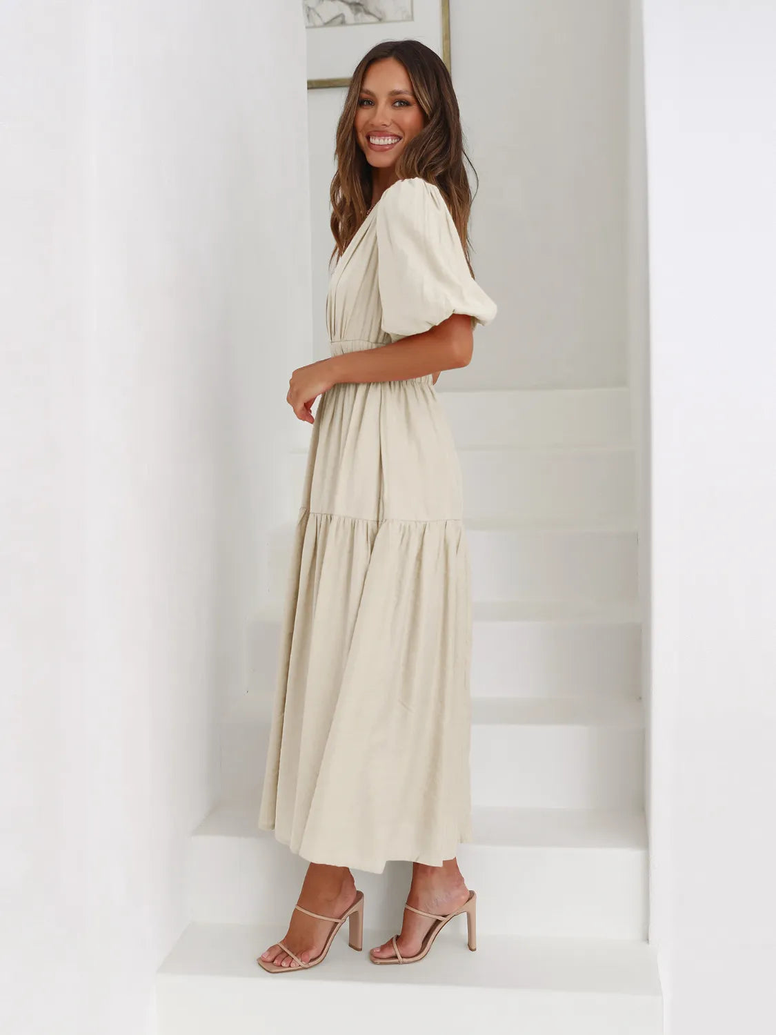 Tiered Surplice Half Sleeve Midi Dress - Drazelle Store