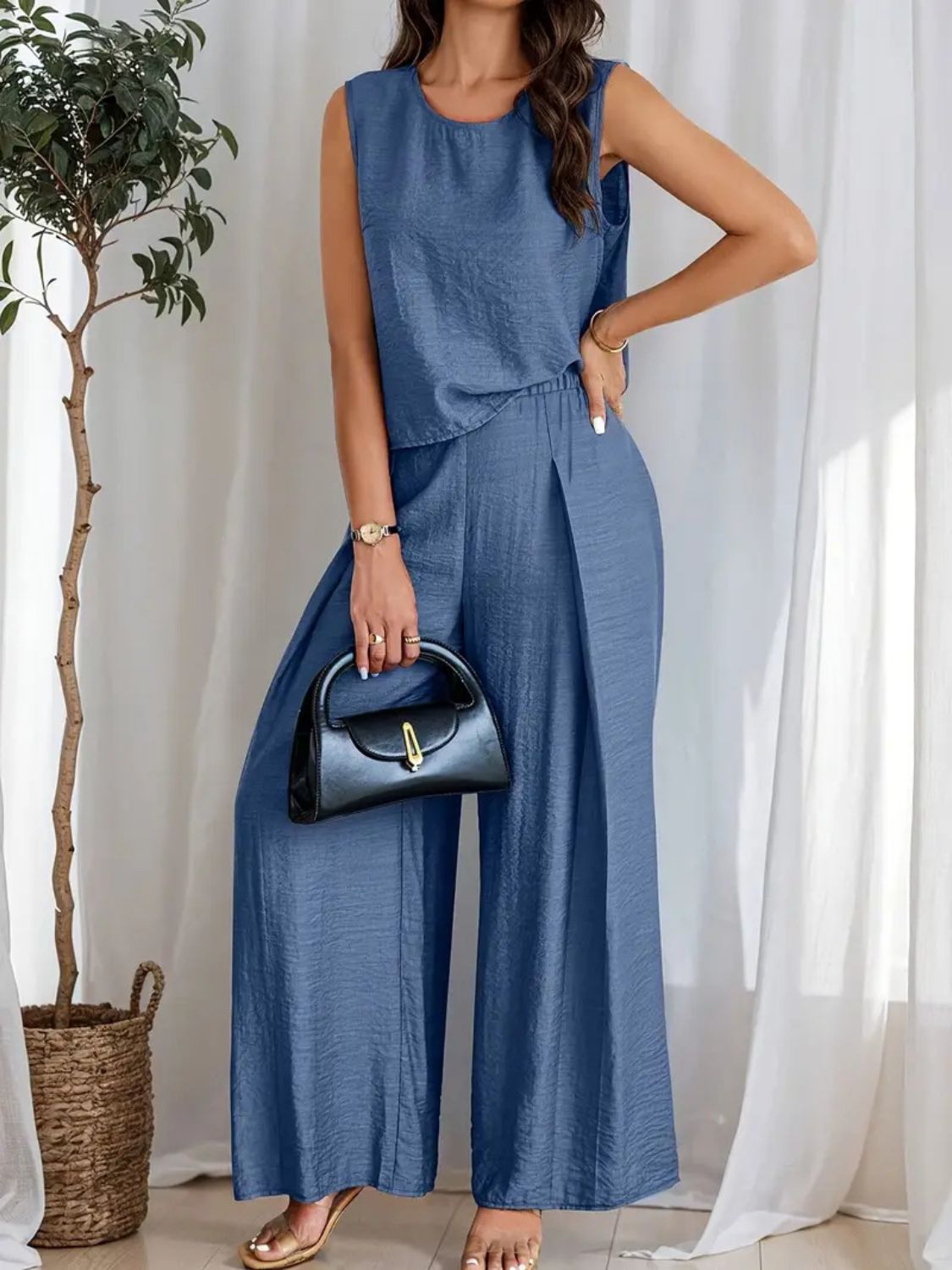 Round Neck Sleeveless Top and Wide Leg Pants Set - Drazelle Store