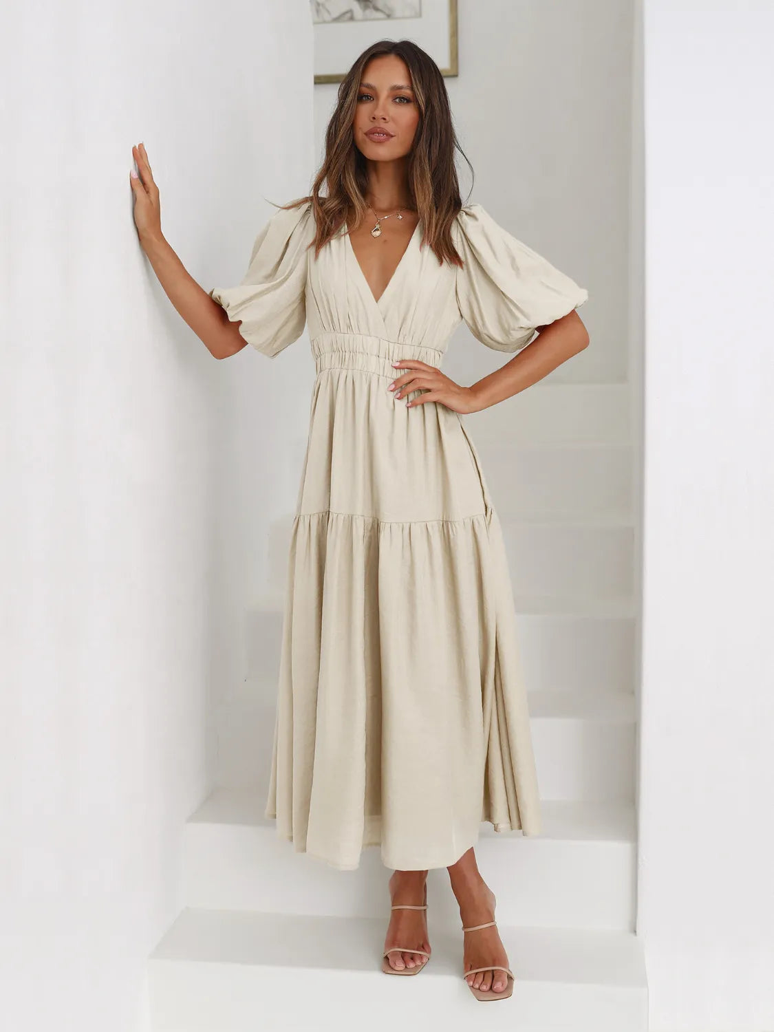 Tiered Surplice Half Sleeve Midi Dress - Drazelle Store