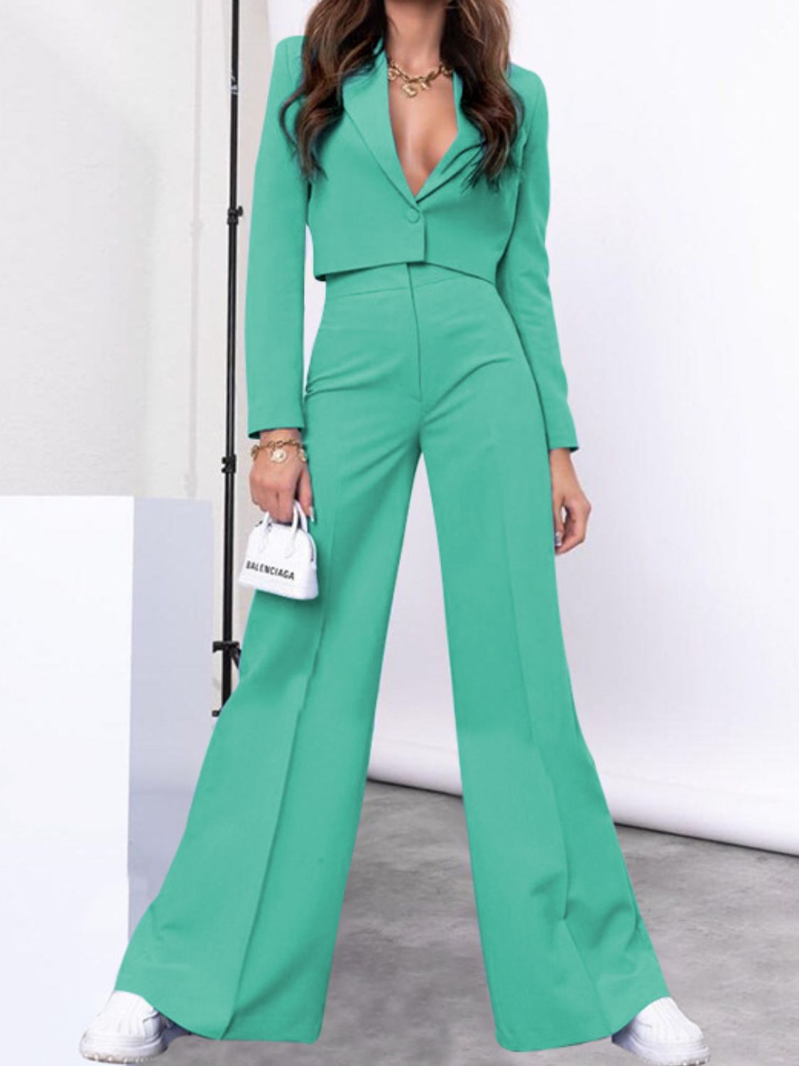 Lapel Collar Cropped Top and Wide Leg Pants Set - Drazelle Store