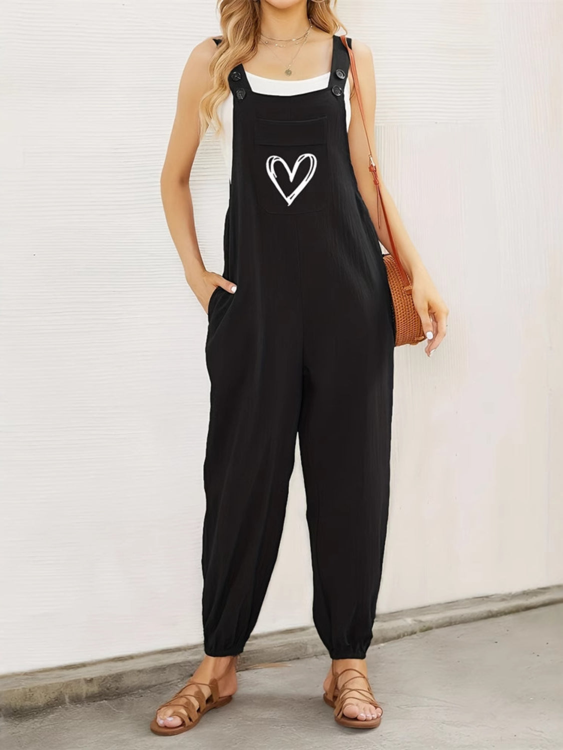 Heart Square Neck Wide Strap Overalls - Drazelle Store