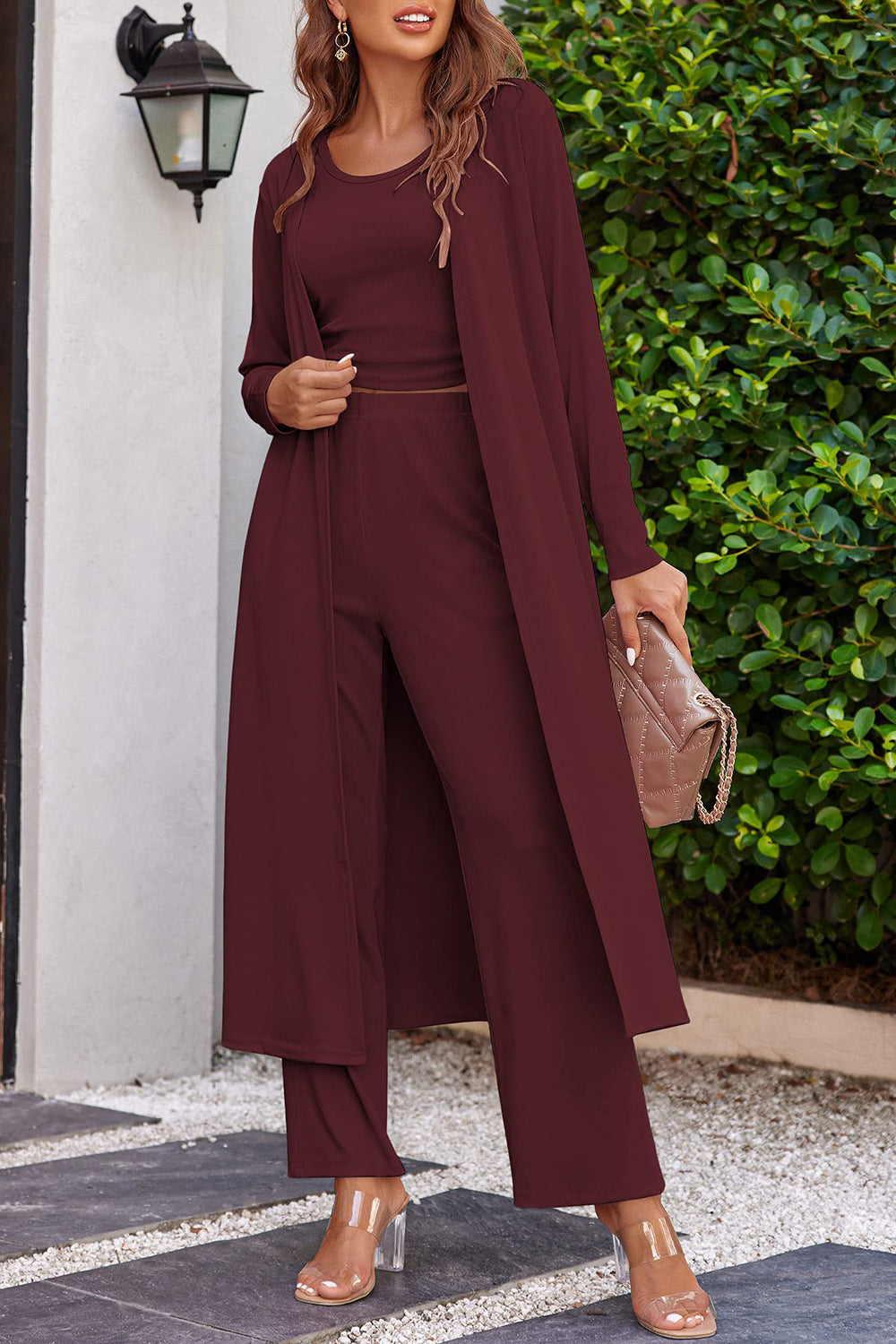 Drawstring Tank Long Sleeve Cover Up and Pants Set - Drazelle Store