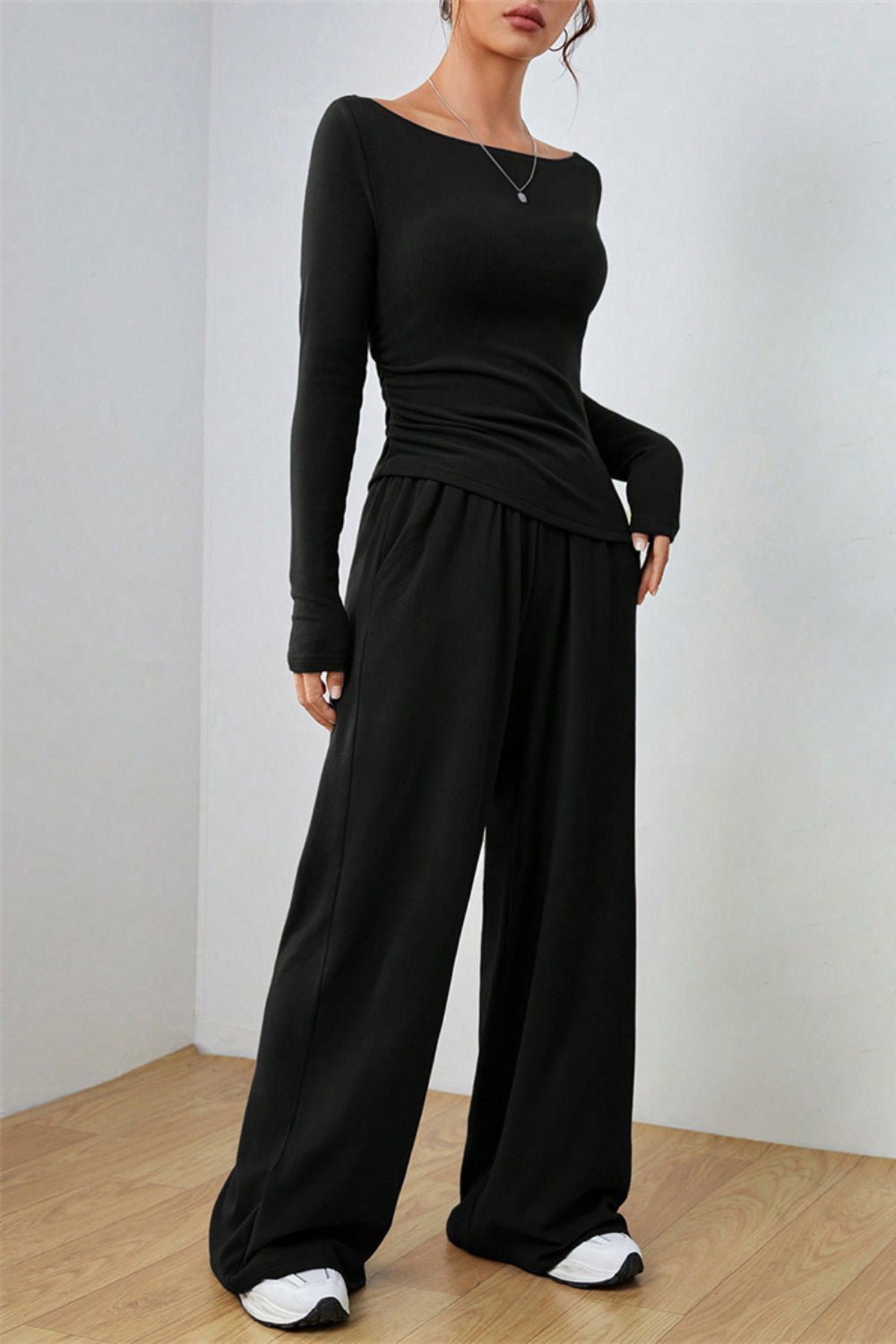 Boat Neck Long Sleeve Top and Pants Set - Drazelle Store