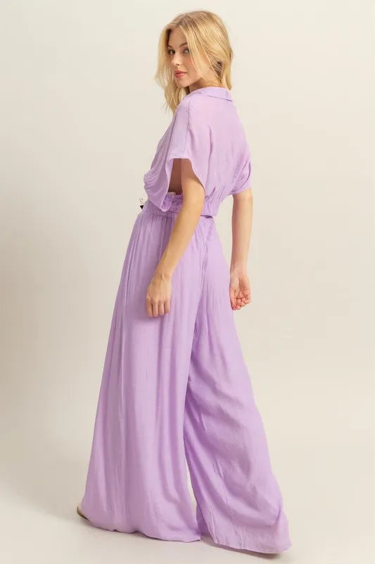 Kimono Sleeve Crop Top and Wide Leg Pants Set - Drazelle Store