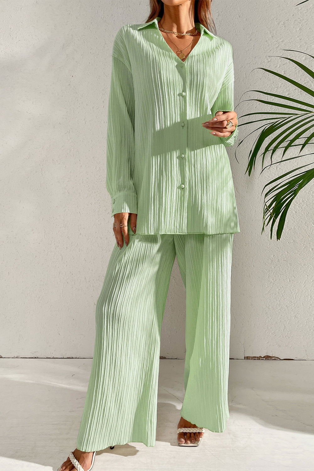 Johnny Collar Button Down Top and Pants Set - Drazelle Store