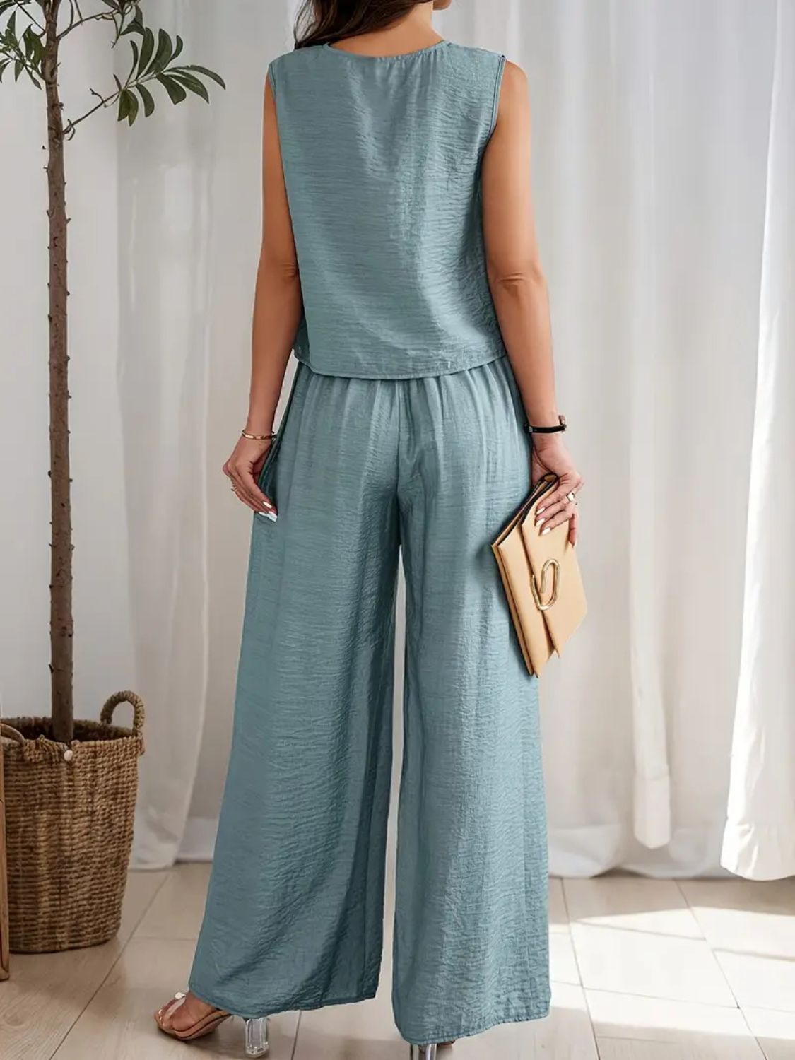 Round Neck Sleeveless Top and Wide Leg Pants Set - Drazelle Store