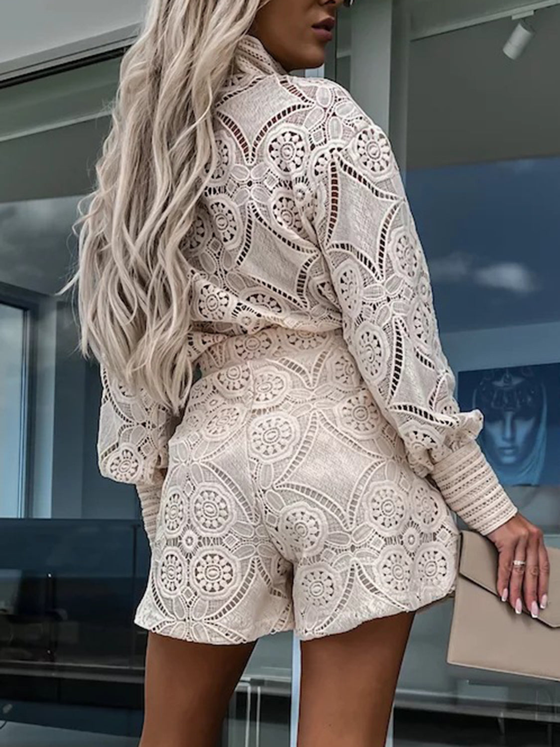 Lace Button Detail Long Sleeve Top and Shorts Set - Drazelle Store