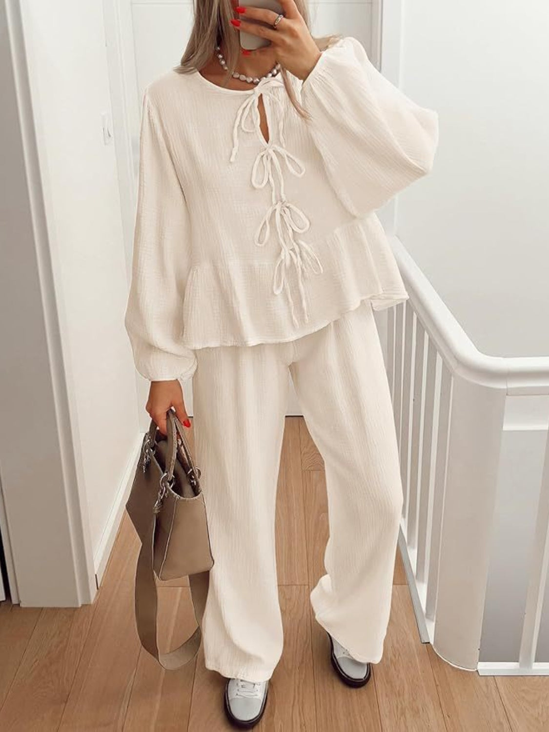 Tie Neck Balloon Sleeve Top and Pants Set - Drazelle Store