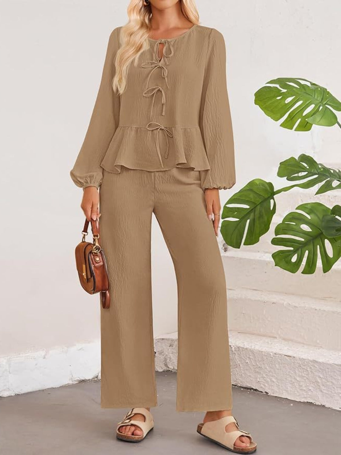 Tie Neck Balloon Sleeve Top and Pants Set - Drazelle Store