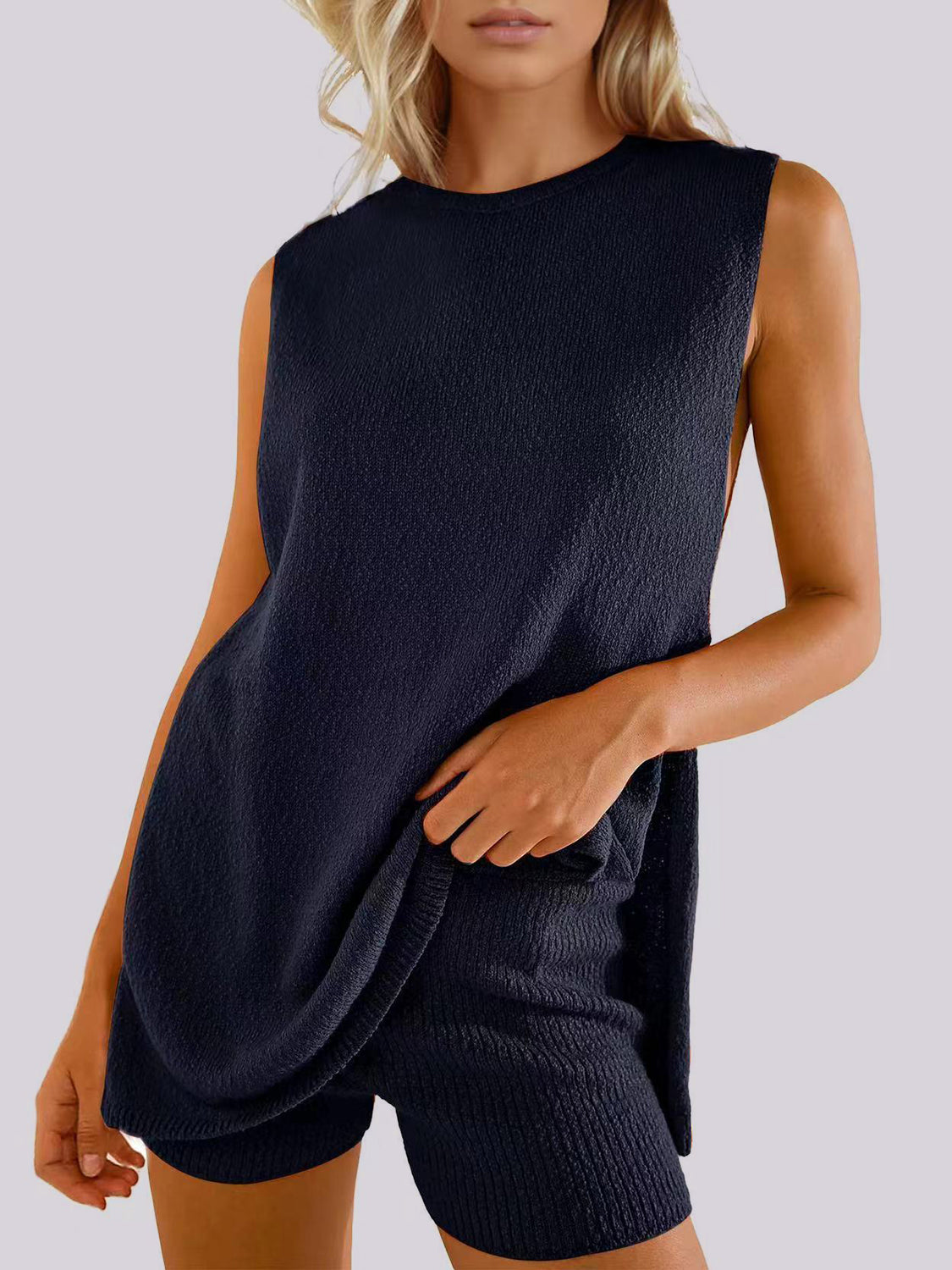 Mandy Side Slit Round Neck Tank and Shorts Sweater Set - Drazelle Store