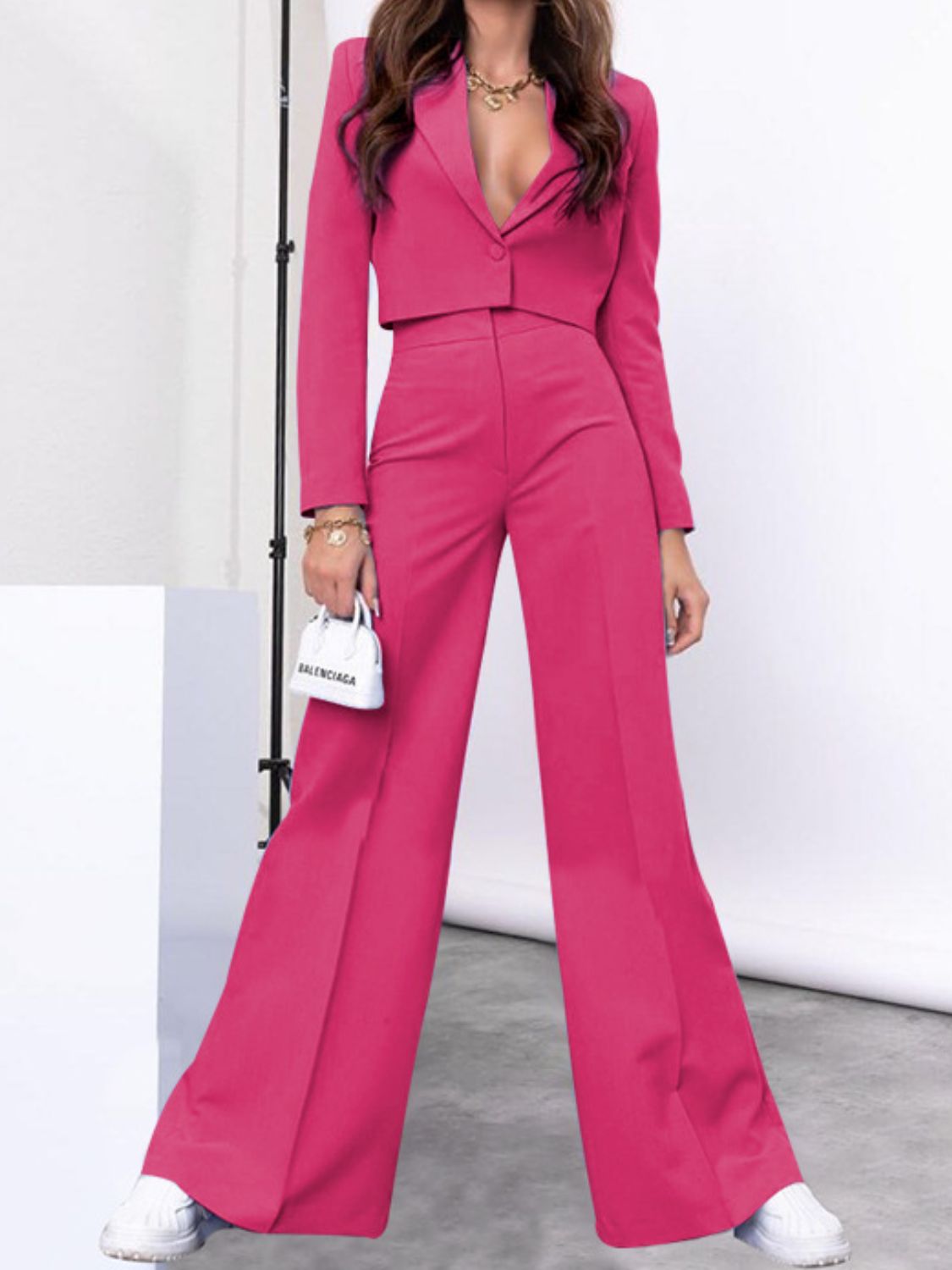 Lapel Collar Cropped Top and Wide Leg Pants Set - Drazelle Store