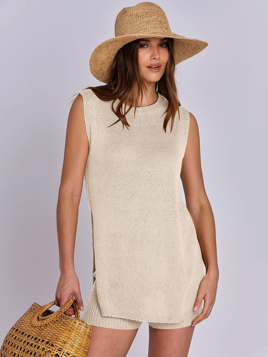 Mandy Side Slit Round Neck Tank and Shorts Sweater Set - Drazelle Store