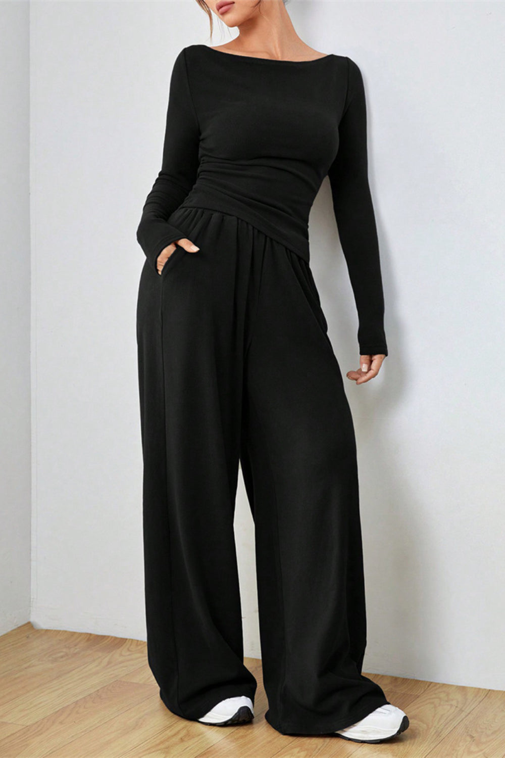 Boat Neck Long Sleeve Top and Pants Set - Drazelle Store