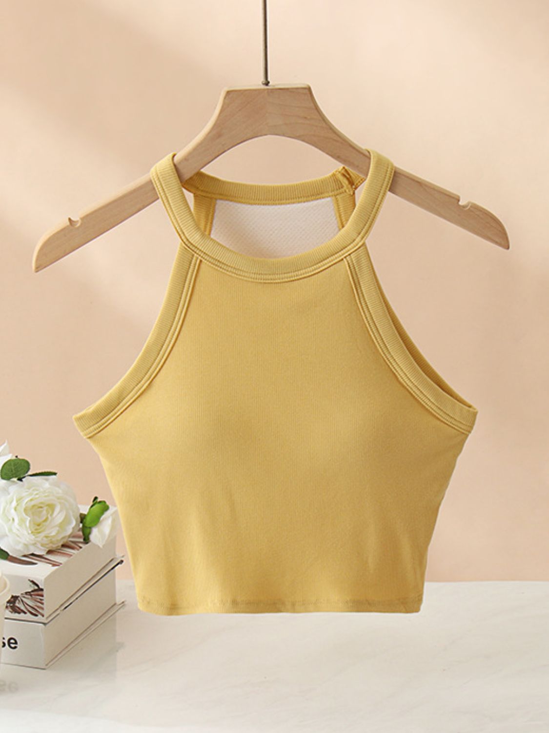 Ribbed Grecian Neck Cropped Tank with Chest Pads - Drazelle Store