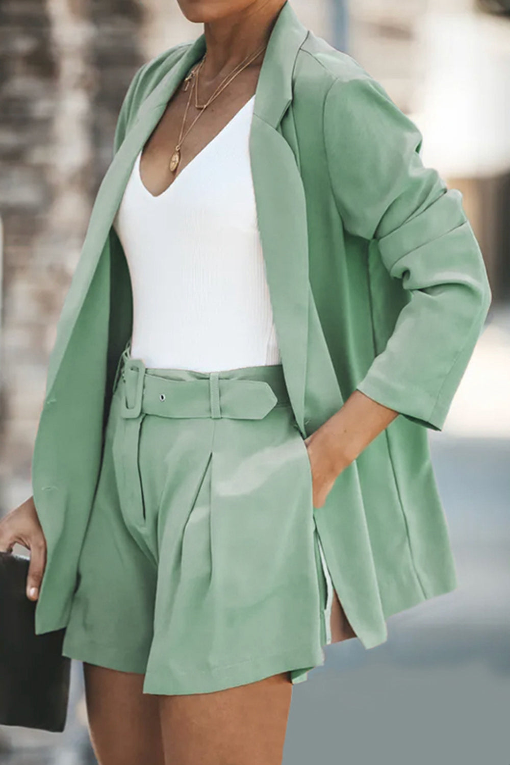 Longline Blazer and Shorts Set with Pockets - Drazelle Store