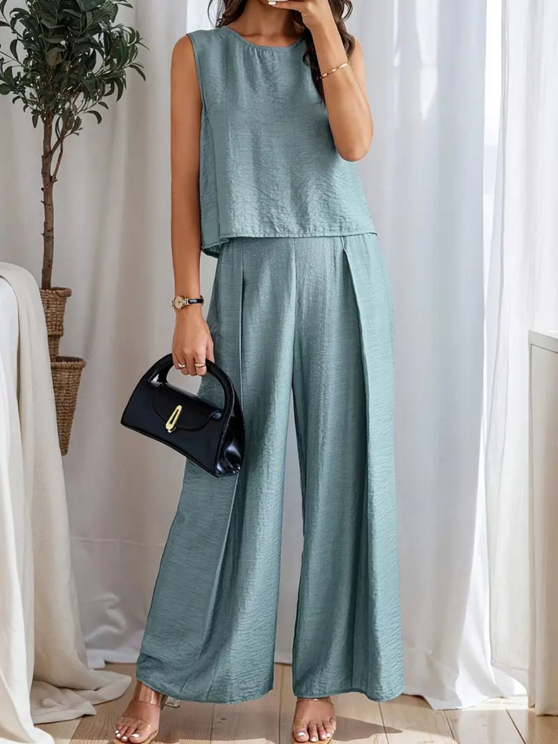 Round Neck Sleeveless Top and Wide Leg Pants Set - Drazelle Store
