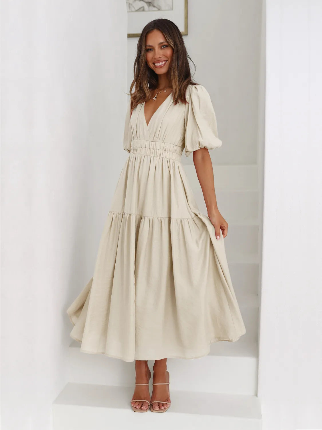 Tiered Surplice Half Sleeve Midi Dress - Drazelle Store