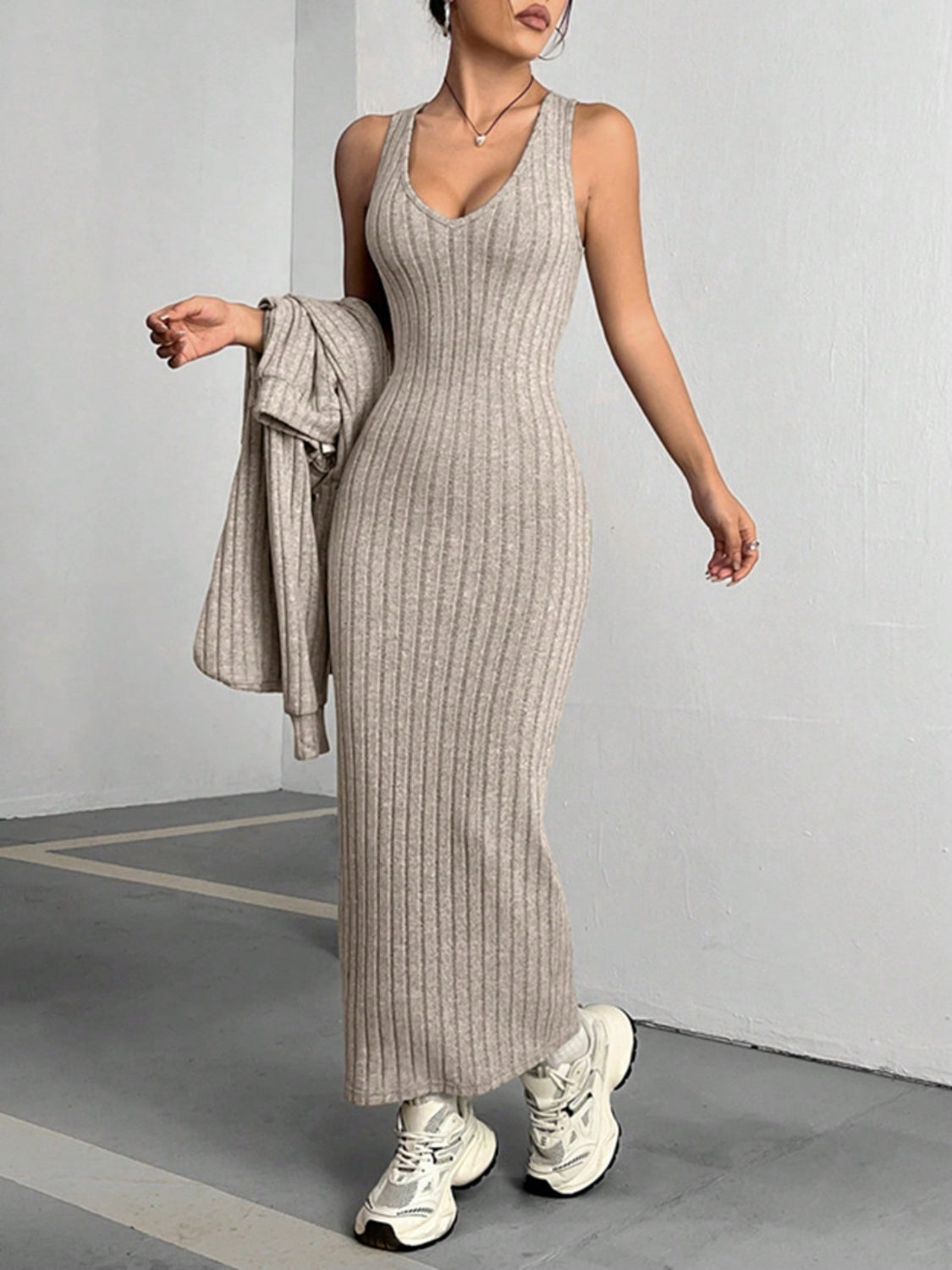 Ribbed Cropped Hooded Top and V-Neck Tank Dress Set - Drazelle Store