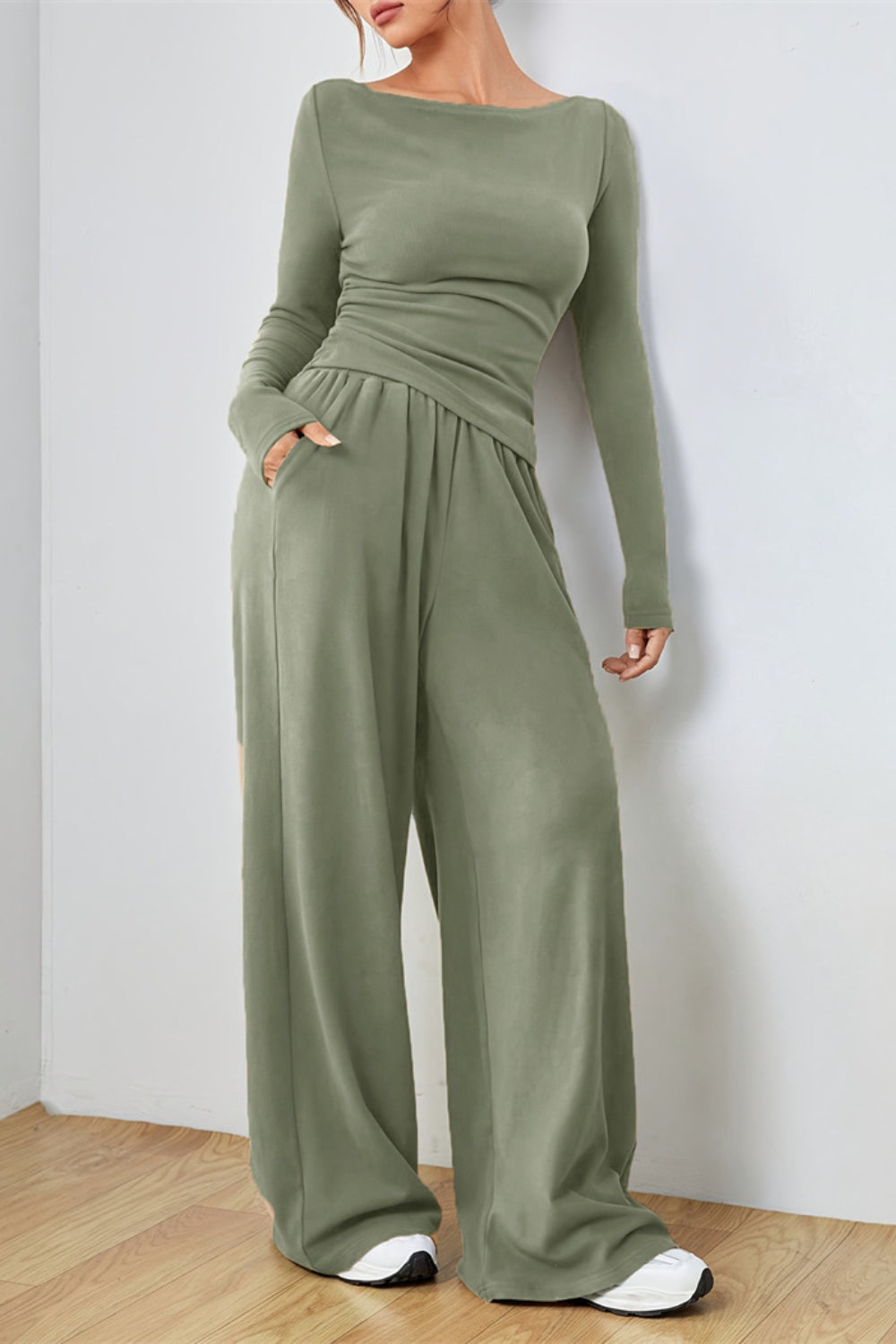 Boat Neck Long Sleeve Top and Pants Set - Drazelle Store