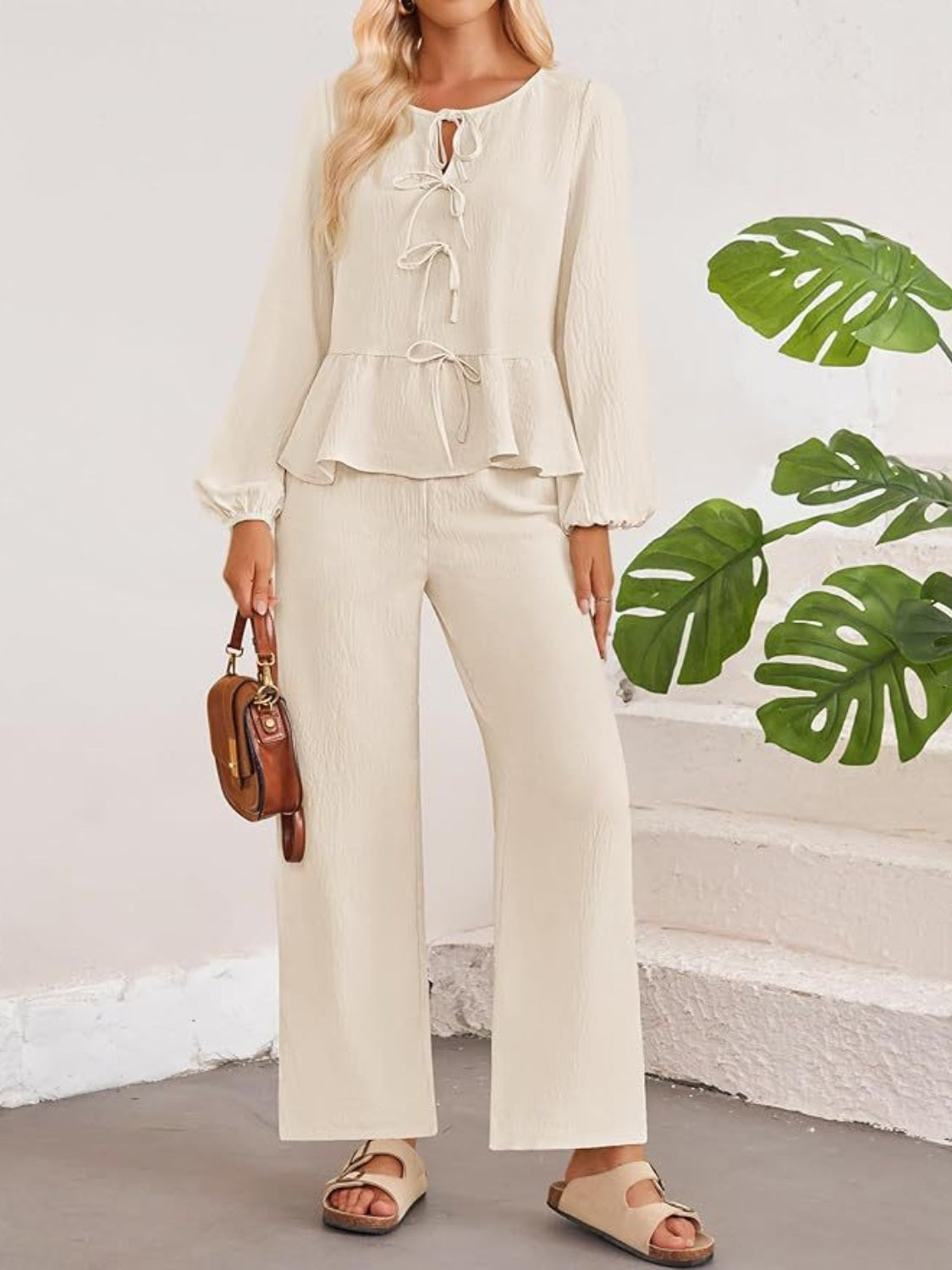 Tie Neck Balloon Sleeve Top and Pants Set - Drazelle Store