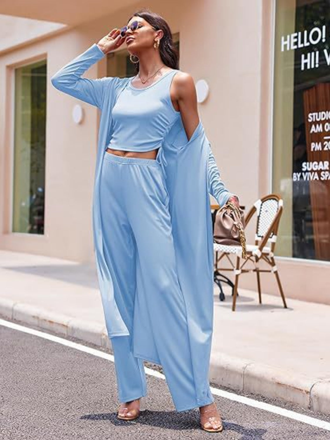 Drawstring Tank Long Sleeve Cover Up and Pants Set - Drazelle Store