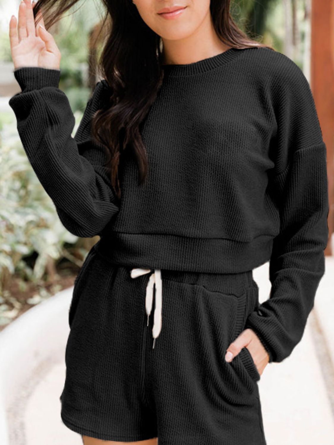 Ribbed Round Neck Long Sleeve Top and Shorts Set - Drazelle Store