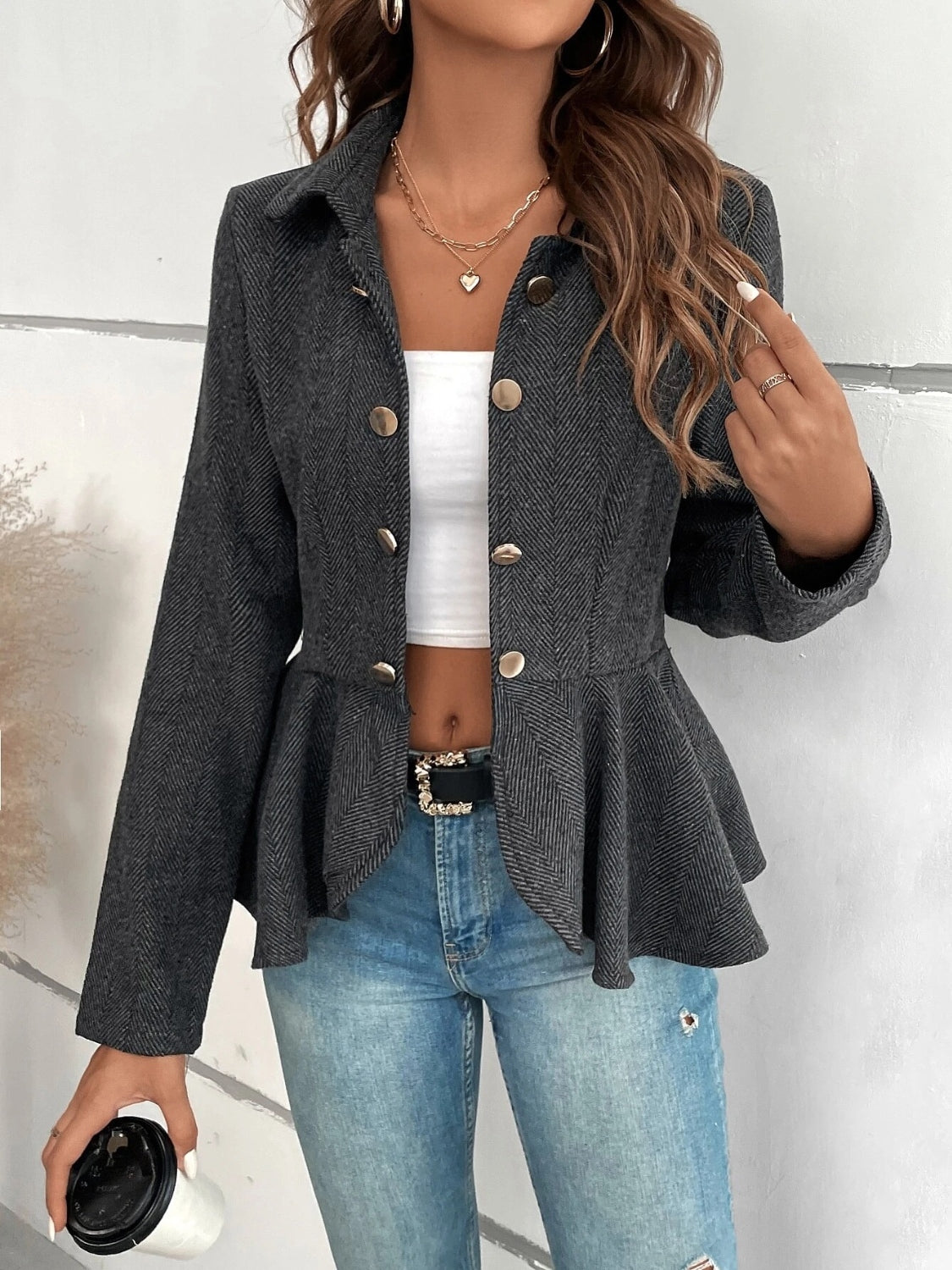 Ruffle Hem Collared Blazer - Drazelle Store