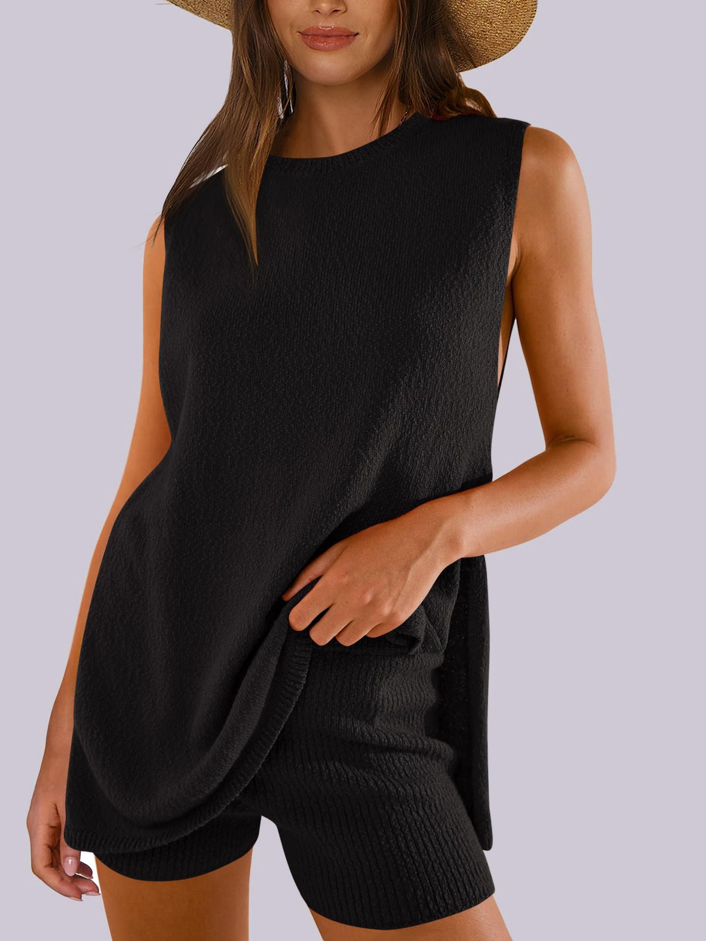 Mandy Side Slit Round Neck Tank and Shorts Sweater Set - Drazelle Store