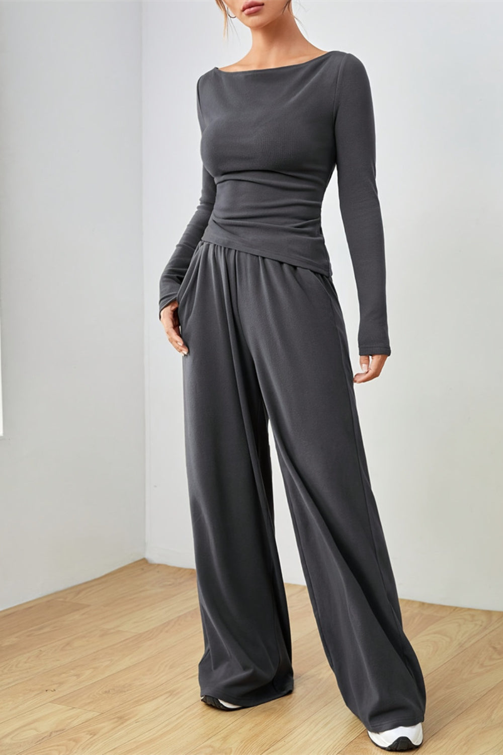 Boat Neck Long Sleeve Top and Pants Set - Drazelle Store