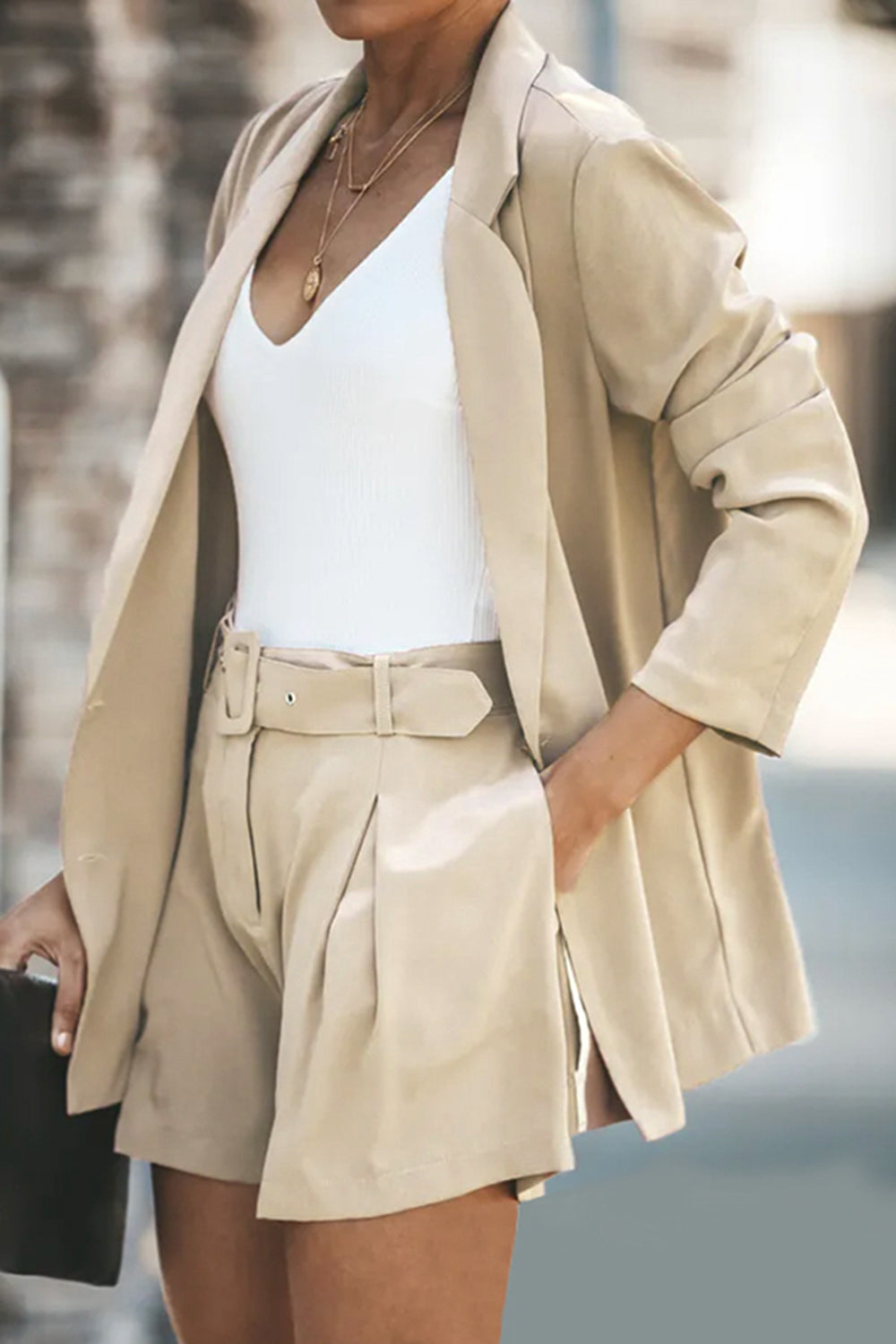Longline Blazer and Shorts Set with Pockets - Drazelle Store