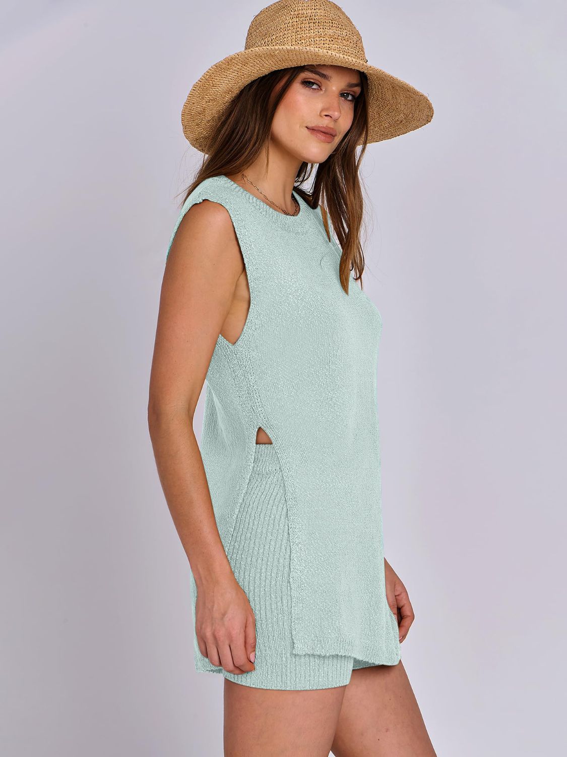Mandy Side Slit Round Neck Tank and Shorts Sweater Set - Drazelle Store