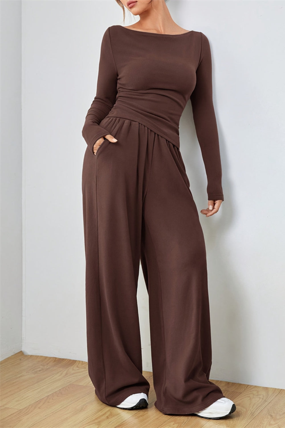 Boat Neck Long Sleeve Top and Pants Set - Drazelle Store