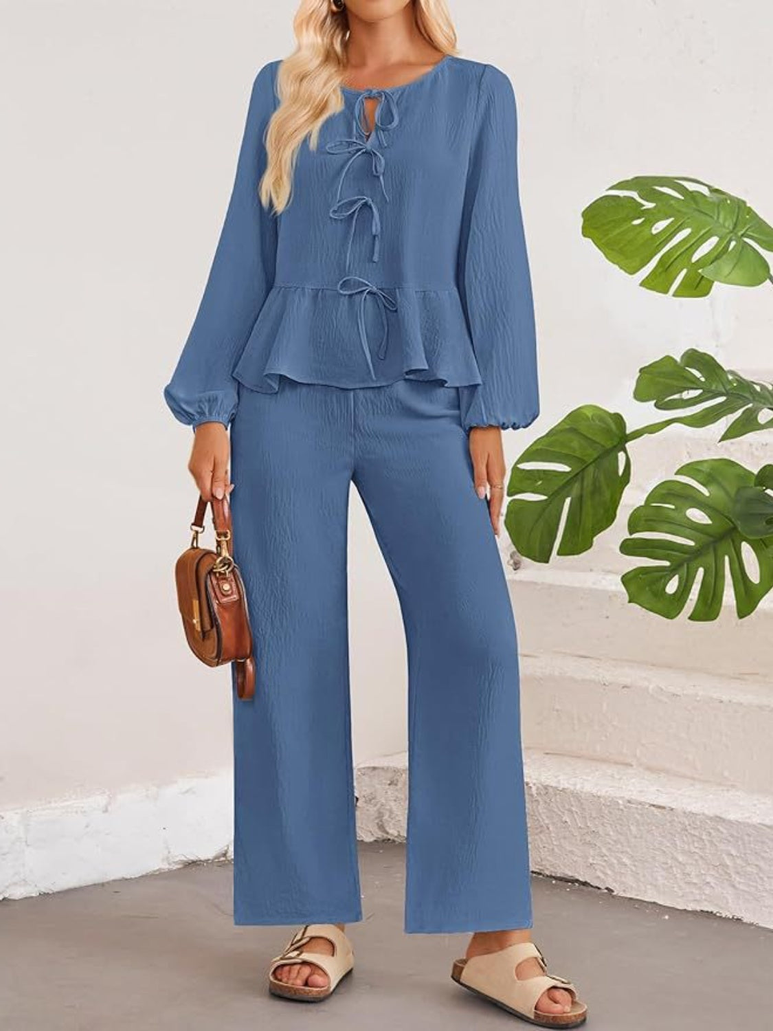 Tie Neck Balloon Sleeve Top and Pants Set - Drazelle Store