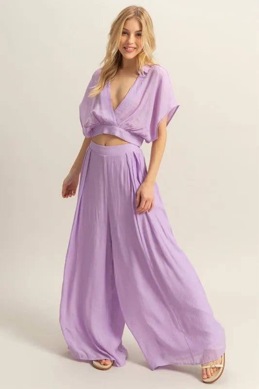 Kimono Sleeve Crop Top and Wide Leg Pants Set - Drazelle Store