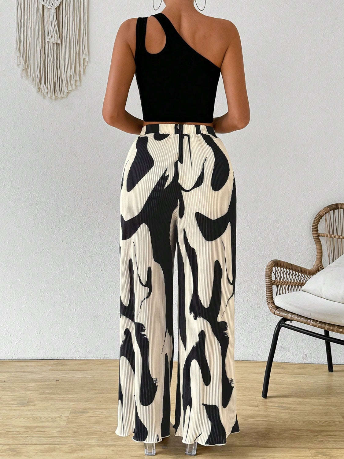 Cutout One Shoulder Top and Printed Pants Set - Drazelle Store