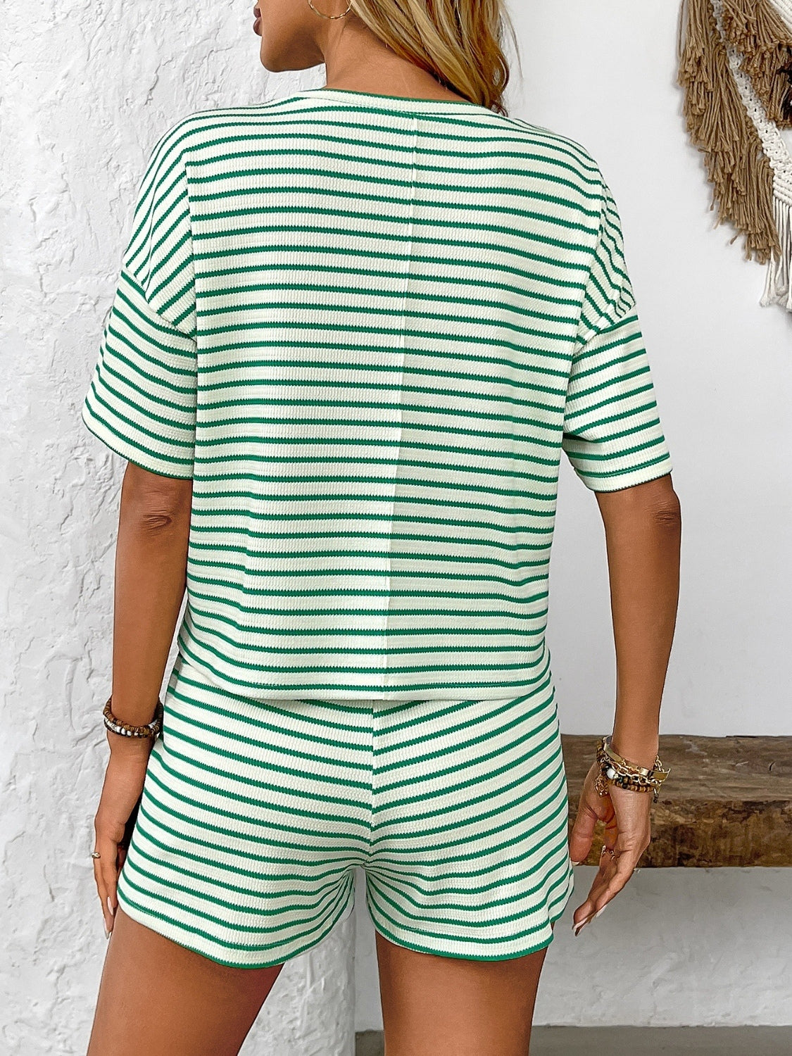 Striped Round Neck Short Sleeve Top and Shorts Set - Drazelle Store