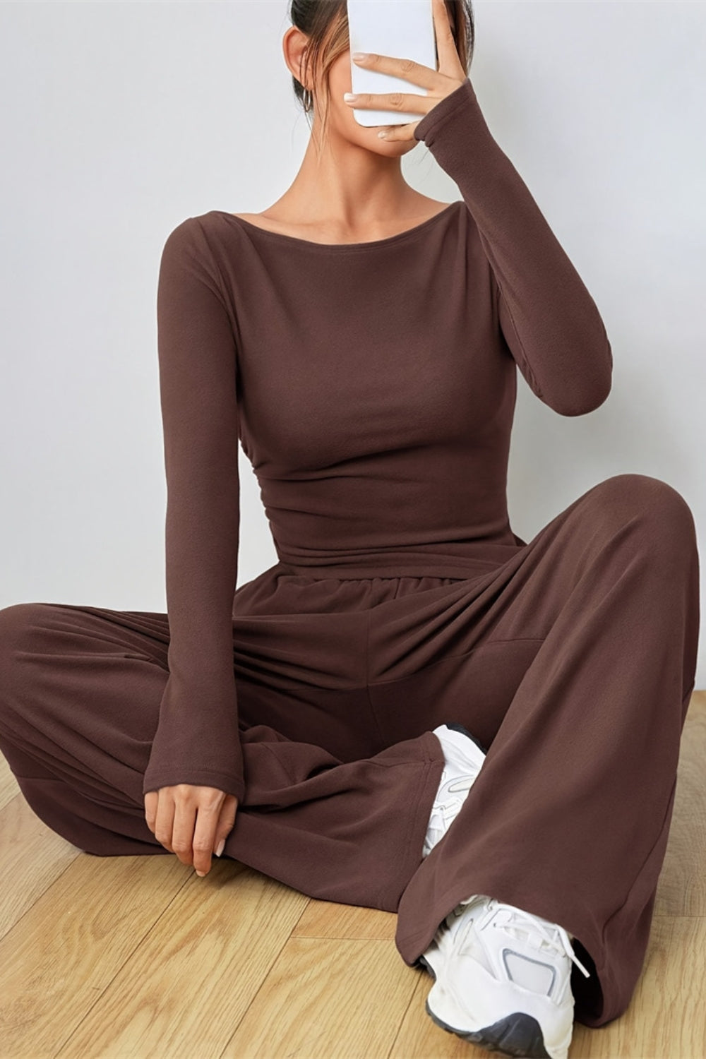 Boat Neck Long Sleeve Top and Pants Set - Drazelle Store