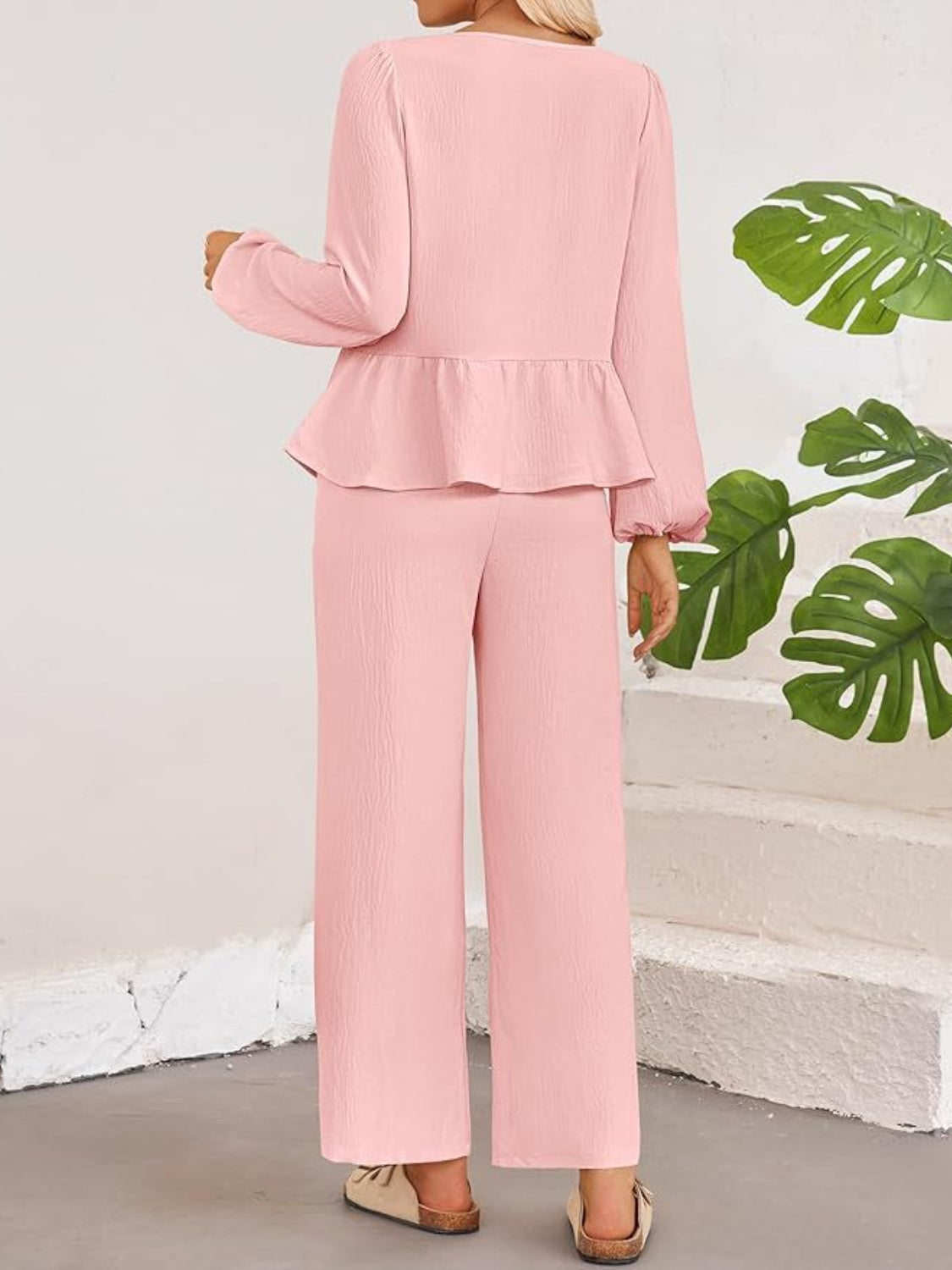 Tie Neck Balloon Sleeve Top and Pants Set - Drazelle Store