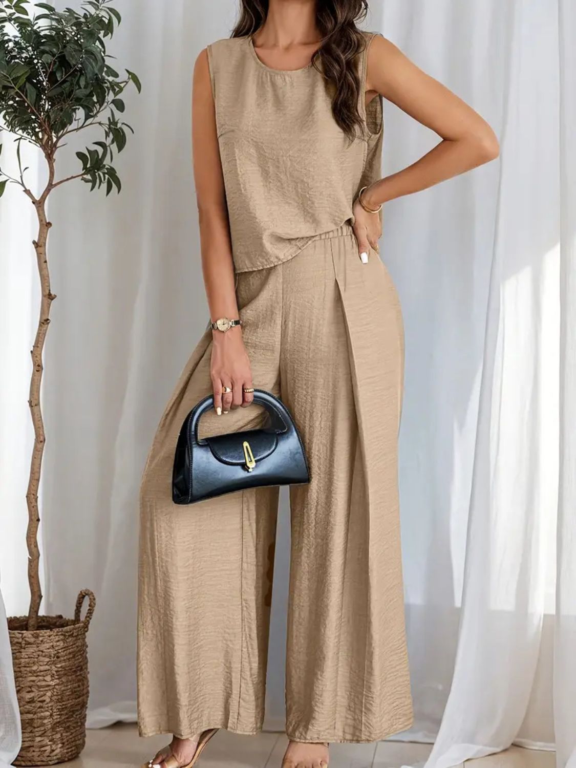 Round Neck Sleeveless Top and Wide Leg Pants Set - Drazelle Store