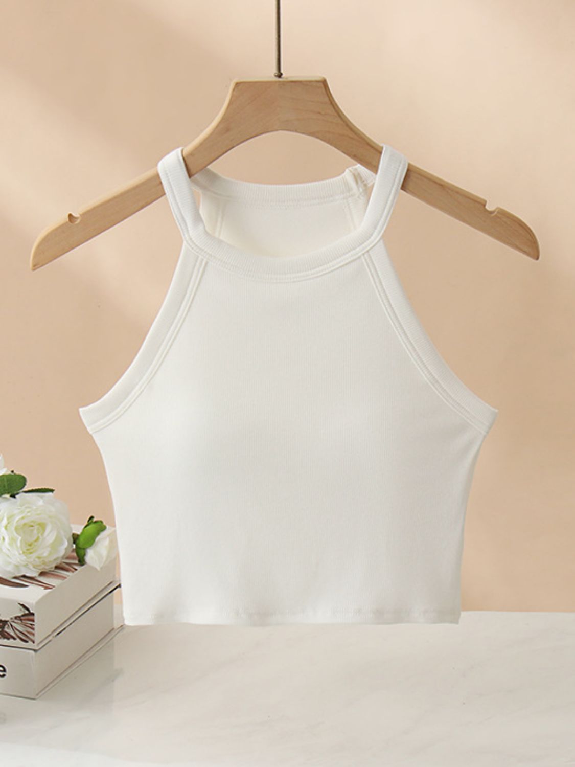 Ribbed Grecian Neck Cropped Tank with Chest Pads - Drazelle Store