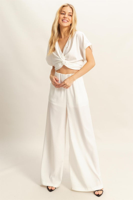 Twisted Front Short Sleeve Top and Wide Leg Pants Set - Drazelle Store