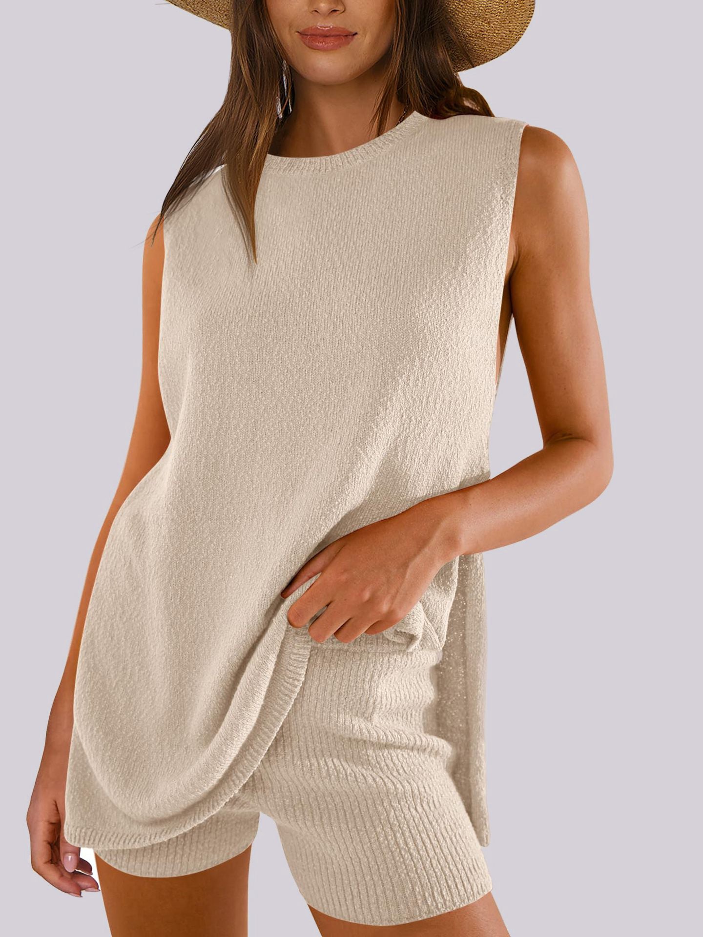 Mandy Side Slit Round Neck Tank and Shorts Sweater Set - Drazelle Store