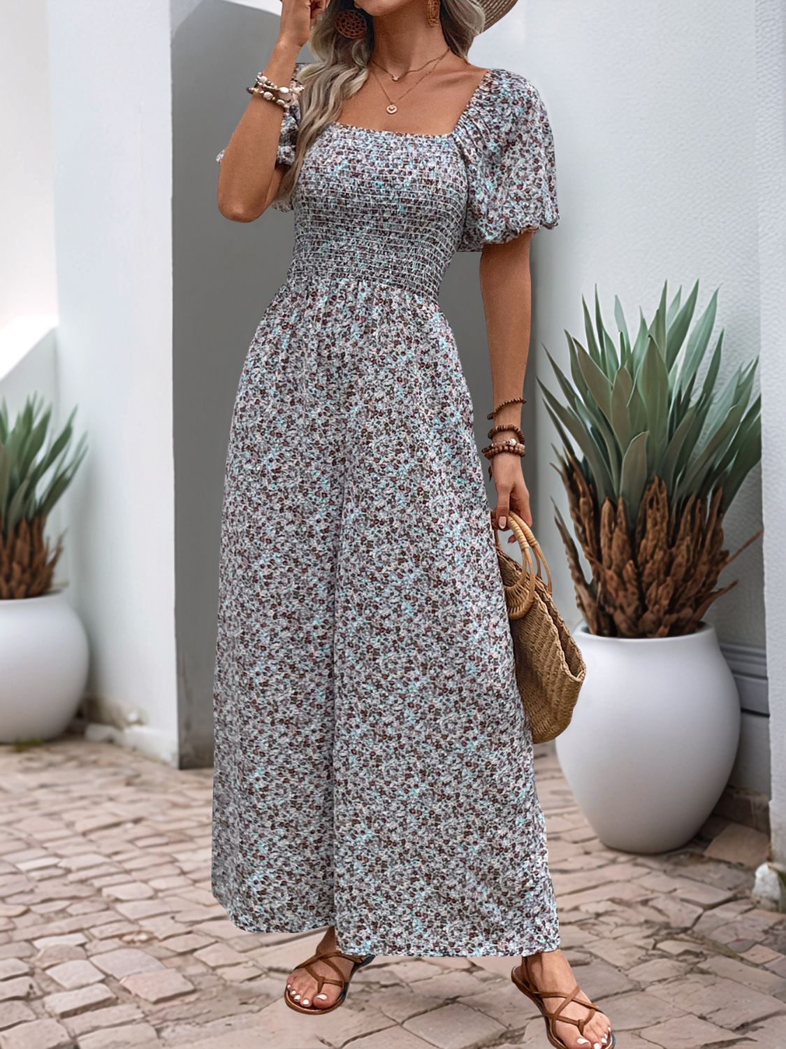 Floral Smocked Square Neck Puff Sleeve Jumpsuit - Drazelle Store