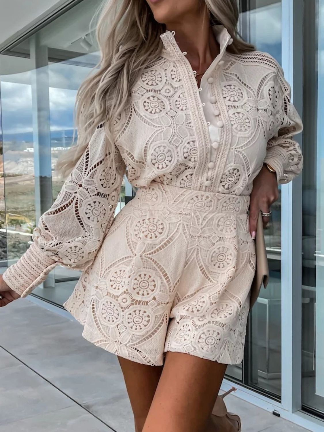 Lace Button Detail Long Sleeve Top and Shorts Set - Drazelle Store