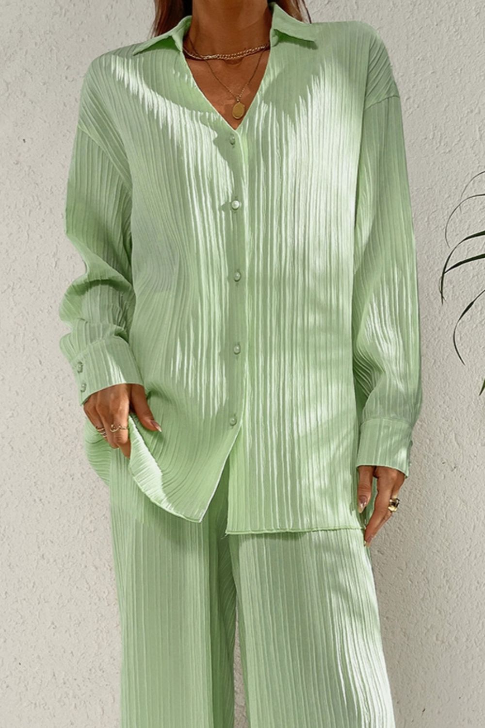 Johnny Collar Button Down Top and Pants Set - Drazelle Store